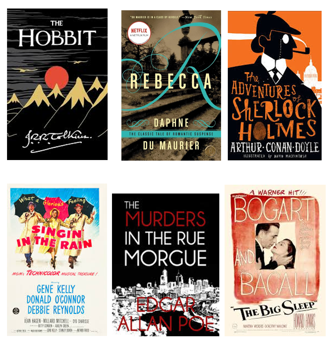 Book covers including The Hobbit, The Adventures of Sherlock Holmes, and the movie poster for "Singin In the Rain"