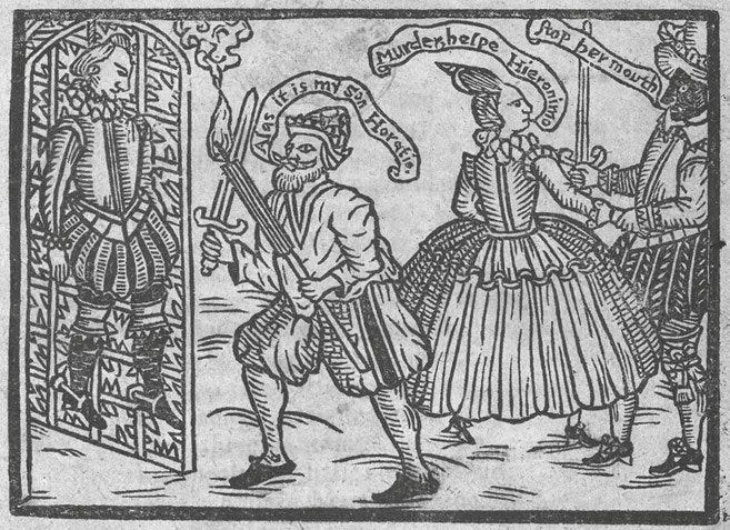 Renaissance era engraving of a man clutching a spear in 16th century dress