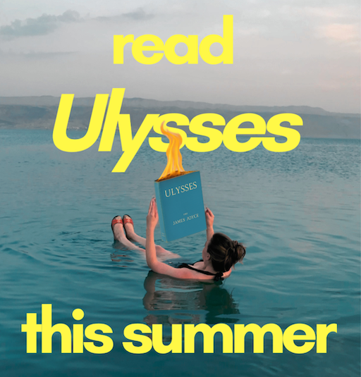 woman in inner tube in wide ocean reading a copy of Ulysses while it's on fire